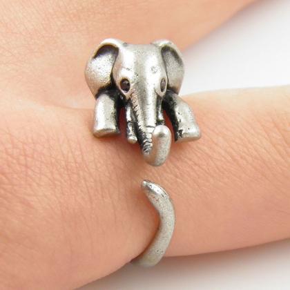 Cute Animal Ring Silver Bronze Elephant Wrap Ring..