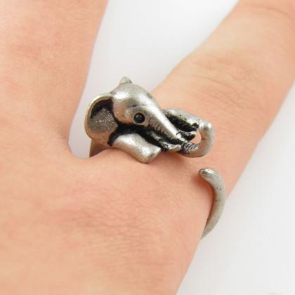 Cute Animal Ring Silver Bronze Elephant Wrap Ring..